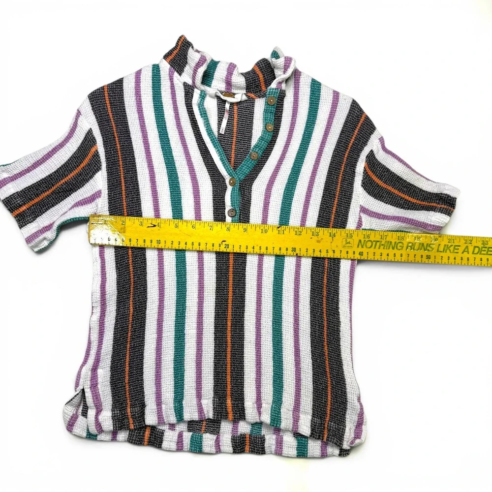 Free People Top Striped Waffle Knit‎ Small Womens Boho Indie Multi Henley Button